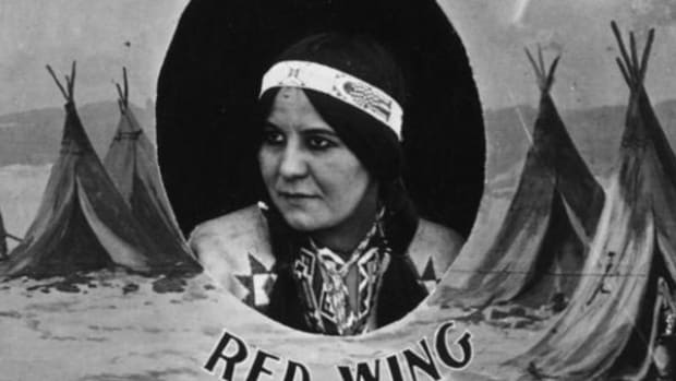 Lillian St. Cyr as Nat-U-Ritch in a detail of a cast photo for the 1914 silent film 'The Squaw Man.'
