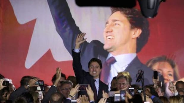 Liberal Party Leader and New Canadian Prime Minister Justin Trudeau, son of the vaunted P.M. Pierre Trudeau, prepares to give a victory speech in Montreal on October 19, 2015.
