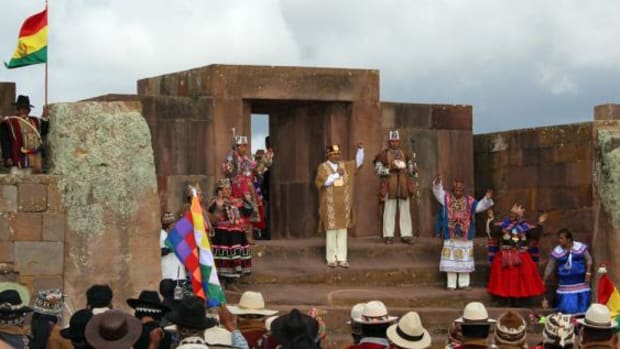 President Evo Morales of Bolivia greets supporters at Tiwanaku.