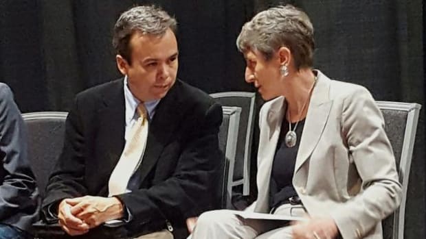 Interior Department Secretary Sally Jewell catches up with Acting Assistant Secretary – Indian Affairs Larry Roberts at the National Congress of American Indian’s mid-year convention in Spokane in June.