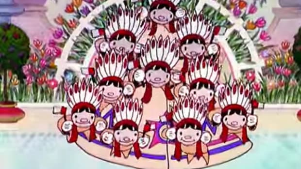 This screen capture from the 1933 Disney cartoon “Old King Cole” begins with “Ten Little Indians” and shows all of Storyland war-whooping and dancing with them.