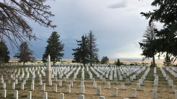 Soldier monuments at the Battle of Little Bighorn memorial.