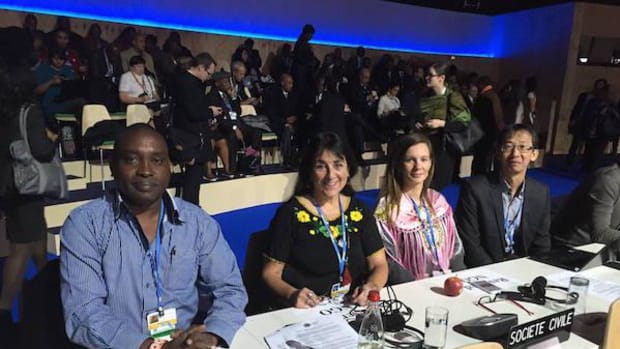 Indigenous delegates at high level opening plenary, COP21 on November 30. Andrea Carman, Executive Director, International Indian Treaty Council, second from left.