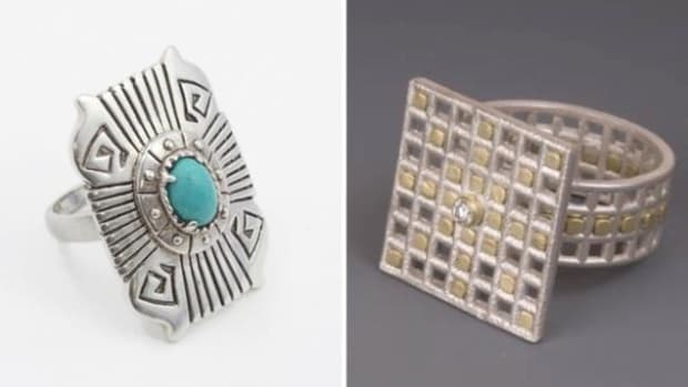 The Geometric Shield Ring by Fortune Favors the Brave is Native-inspired; the Sunburst ring by Maria Samora is Native-made. Can't we all just get along?