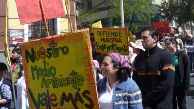 Several hundred people march in La Paz, Bolivia in a show of solidarity with the residents of the TIPNIS. The signs read “our environment is worth more,” “Moxos, Chimanes, Yuracares-cultures in danger” and “defend our biodiversity.”