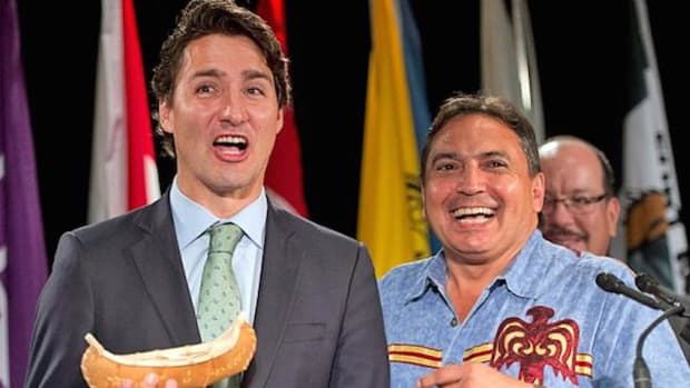 National Chief Perry Bellegarde gave Justin Trudeau sweetgrass and a canoe when the then-candidate addressed the annual Assembly of First Nations gathering in Montreal on July 7, 2015. Trudeau promised to improve the relationship between the federal government and aboriginal people.