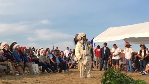 Yakama Nation Chairman JoDe Goudy spoke when he and a delegation of tribal leaders from Washington State visited the Sacred Stone Camp at the end of August, support resolution in hand.