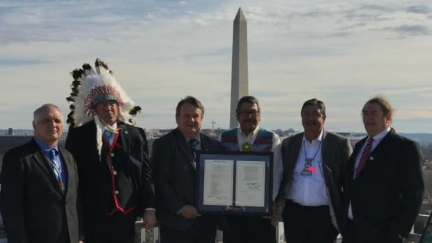 Left to right, Blackfeet Tribal Business Councilors Tyson Running Wolf, Roland Kennerly, Carl Kipp, Terry Tatsey, Tim Davis, and Gerald Lunak in Washington, D.C. Jan. 13, 2017, after Congress passed the compact and the president added his signature.