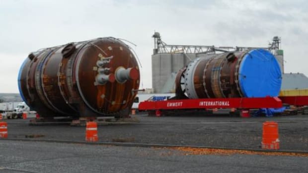 These gargantuan pieces of mining equipment imported from Korea are destined for the Athabasca oil sands site in Alberta.