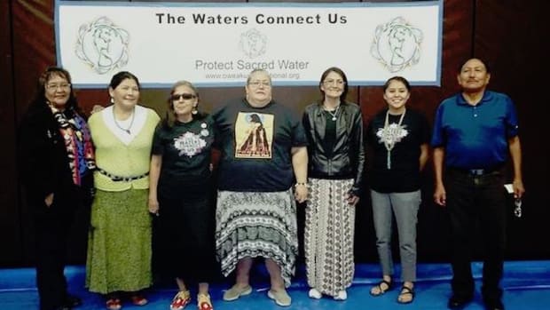 Presenters of Waters Connect Us gathering, (from left to right) Elouise Brown, Louise Benally, Debra White Plume, Nina Waste' Wilson, Laura Oocho, Leona Morgan, Manny Pino.
