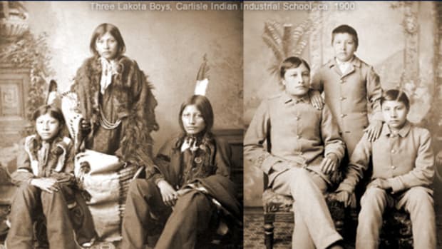 Wounded Yellow Robe, Henry Standing Bear and Timber Yellow Robe before and after the Carlisle Indian School gave them “proper” clothes and haircuts.