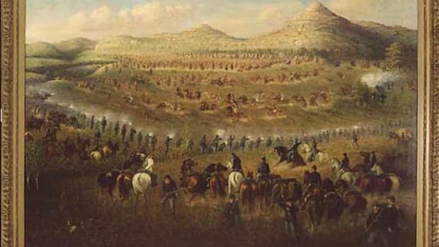 A painting of the Killdeer Mountain Conflict of 1864 by Carl Boeckman.