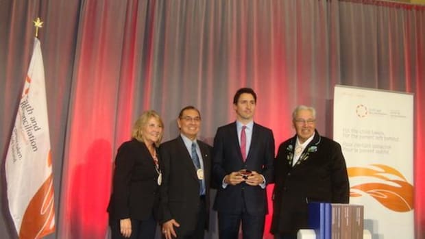 Left to right: Commissioners Marie Wilson and Wilton Littlechild, Prime Minister Justin Trudeau, Commission Chairman Murray Sinclair at the release of the final, six-volume report of the Truth and Reconciliation Commission on residential schools in Canada.
