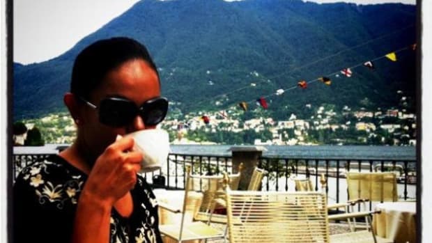 Lisa Charleyboy, a.k.a Urban Native Girl, enjoying some Italian coffee in Lake Como