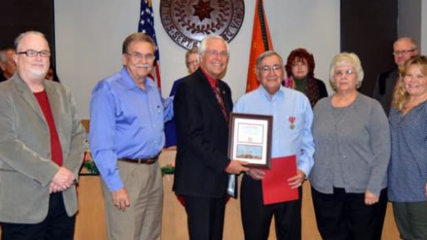 Pictured, from left, are Cherokee Nation Veterans Center Manager Ricky Robinson, Deputy Chief S. Joe Crittenden, Principal Chief Bill John Baker, Spc. Gene Ketcher and wife Pam Ketcher, and Tribal Councilor Frankie Hargis.