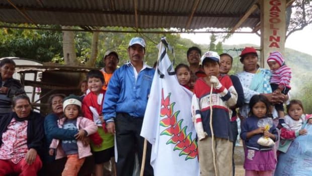 Carmelo Sandoval (holding flag) and a group of marchers from an indigenous territory in the Bolivian state of Beni during the National Park and Indigenous Territory Isiboro Secure (TIPNIS) march toward the capital city in June 2012.
