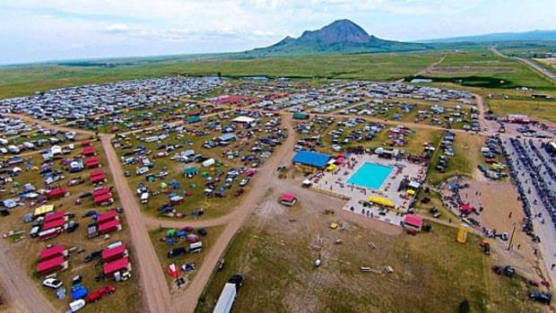 The new Full Throttle Saloon’s plans call for construction of 400 cabins and RV hookups shown in the aerial photo at the base of Bear Butte.