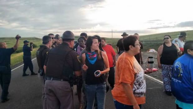 Protesters at the construction site of the Dakota Access pipeline in North Dakota.