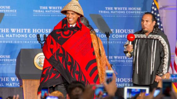President Barack Obama took the stage wearing a cedar hat at the 8th Annual White House Tribal Nations Conference.