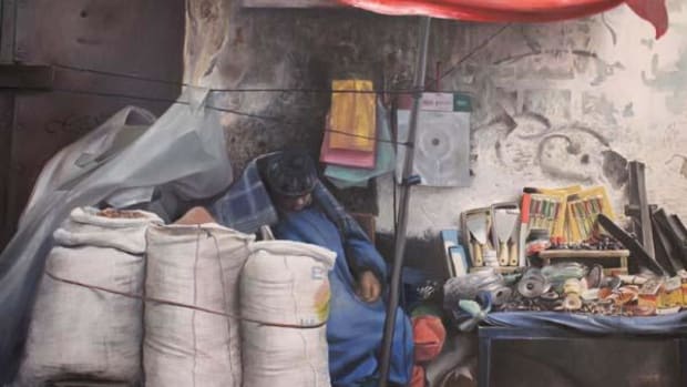 Pastel drawing of a Bolivian woman at her market stall, by Rosmery Mamani Ventura