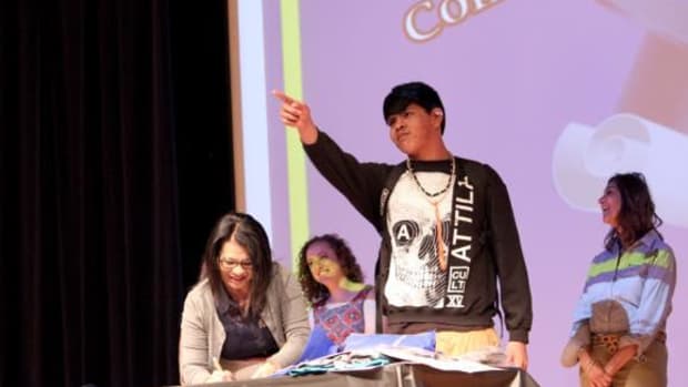 Kevin Wichapa addresses the packed auditorium at the College Signing Day held at Baboquivari High School on April 26, 2016. Wichapa will be attending Pima Community College in Tucson, Arizona.