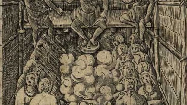 Powhatan in a longhouse at Werowocomoco (detail of John Smith map, 1612)