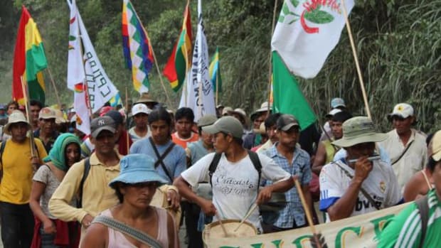 Marchers protesting a highway that would cut through the National Park and Indigenous Territory Isiboro Secure near the city of La Paz in October, 2011.
