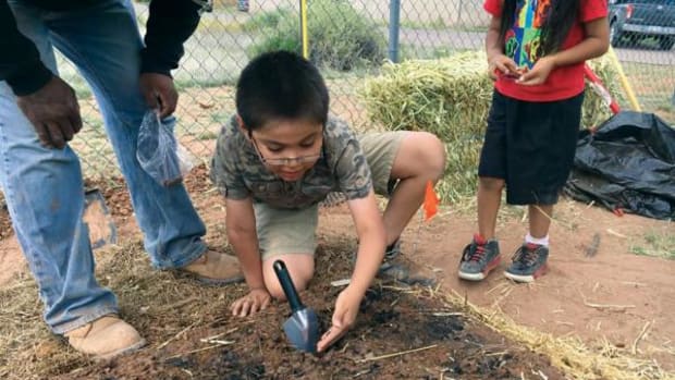 Navajo Nation Vice President Jonathan Nez’s son, Christopher, had the opportunity to participate in the gardening challenge. He’s planting seeds here, after the three raised garden beds were completed.