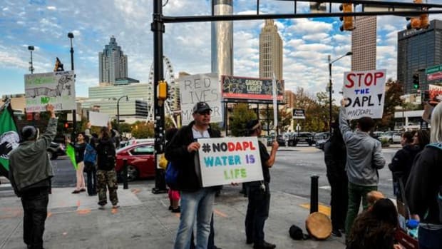 Protesters rallied outside CNN headquarters in Atlanta recently to demand better media coverage of the Dakota Access Pipeline and the water protectors.
