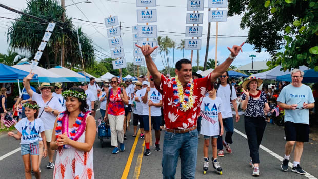 Kaiali’i “Kai” Kahele attends the Kailua Parade in 2019. (Photo courtesy of Kai Kahele campaign website)
