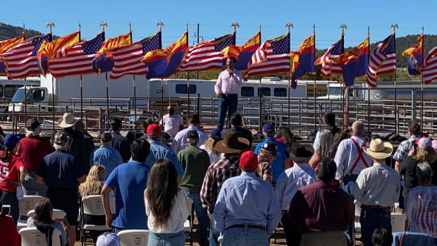 Donald Trump Jr. speaks to the crowd Thursday, Oct. 15, 2020, at the Williams, Arizona, rodeo grounds. (Photo by Carina Dominguez, Indian Country Today)
