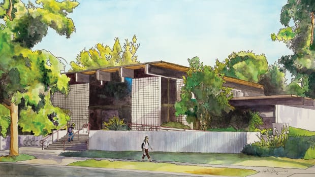 An illustration by artist Hollis Cooper depicts the Huntley Building–currently a bookstore serving the Claremont Colleges’ seven schools–future home of the Yuhaaviatam Center for Health Studies. (Image courtesy of Claremont Graduate University)