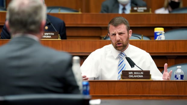 Rep. Markwayne Mullin, R-Okla., asks questions to Richard Bright, former director of the Biomedical Advanced Research and Development Authority, during House Energy and Commerce Subcommittee on Health hearing Thursday, May 14, 2020, on Capitol Hill in Washington. (Greg Nash/Pool via AP)