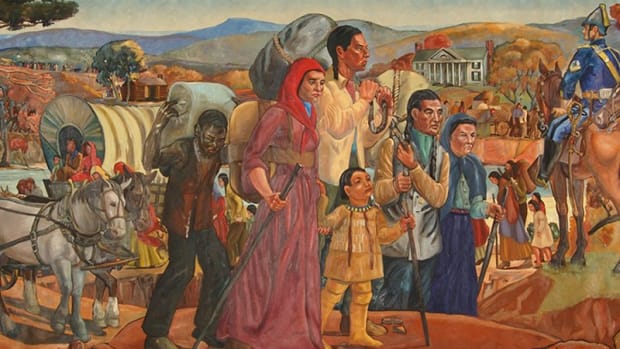 A mural by artist Elizabeth Janes depicts the arrival of the Cherokee Nation in Oklahoma in the 1830s. Painted from 1938-39, the 8-by-15-foot mural is on display at the Oklahoma Historical Society in Oklahoma City. (Image courtesy Oklahoma Historical Society)