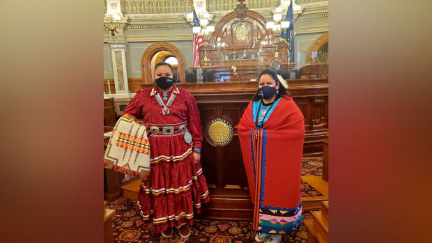 Left to right: Reps. Christina Haswood and Ponka-We Victors pose for a photo after being sworn into the Kansas state legislature. (Photo by Rep. Ponka-We Victors, Facebook)
