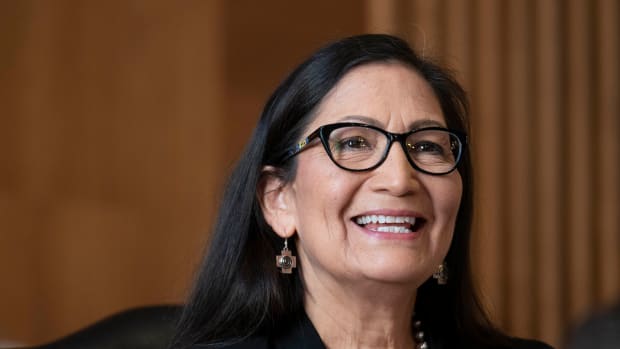 Rep. Debra Haaland, D-N.M., testifies before a Senate Committee on Energy and Natural Resources hearing on her nomination to be Secretary of the Interior on Capitol Hill in Washington, Wednesday, Feb. 24, 2021. (Sarah Silbiger/Pool via AP)