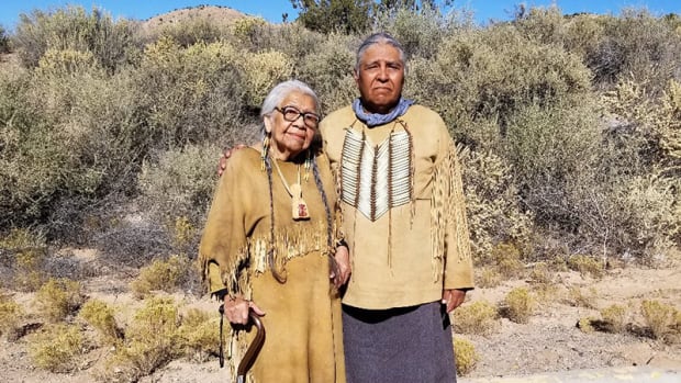 Gary Tsoodle poses with Kiowa elder Dorothy WhiteHorse, who coached the 10-year-old star of “News of the World,” on set in New Mexico. (Photo courtesy of Lynda DeLaune via Gaylord News)