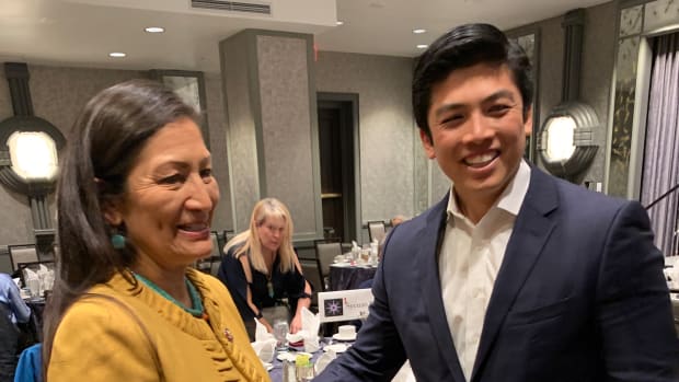 PaaWee Rivera, Pojoaque Pueblo, greets Rep. Deb Haaland at the 24th Annual National Indian Women’s “Supporting Each Other” Honoring Lunch in February 2019 in Washington, DC. Sen. Elizabeth Warren received an "Appreciation Award" from the organization. (Photo by Jourdan Bennett-Begaye)