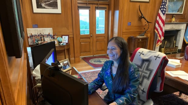 Interior Secretary Deb Haaland in her office welcoming the department's new law enforcement task force to ensure the department "implements the highest standards for protecting the public and provides necessary policy guidance, resources, and training." (Photo courtesy of Interior Secretary Deb Haaland via Twitter)