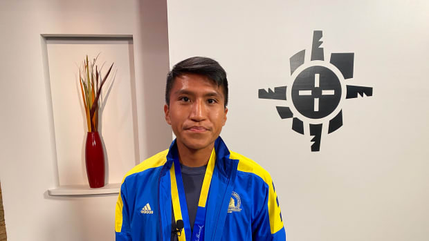 Kyle Sumatzkuku, Hopi, was the first Native person to cross the line at the 125th Boston Marathon. He placed 48th overall with a time of 2 hours, 26 minutes and 17 seconds. (Photo by Aliyah Chavez)