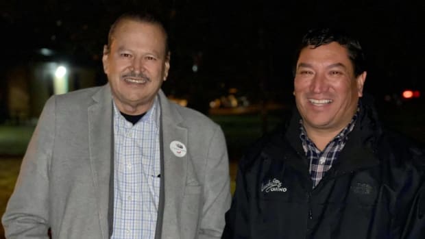 Gov. Reggie Wassana, right, and Lt. Gov. Gib Miles stand together shortly after their reelection the night of Nov. 2. (Photo courtesy of Cheyenne and Arapaho Tribes)