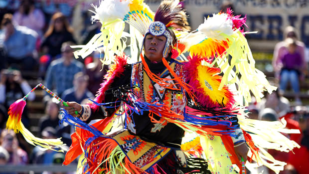 A fancy dancer competes in the 31st Annual Texas Championship Pow-wow at Trader’s Village on Saturday, Nov. 13, 2021 in Houston. (Photo by Houston Chronicle)