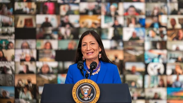 Interior Secretary Deb Haaland delivers remarks Monday, Nov. 15, 2021, during a Tribal Nations Summit in the South Court Auditorium of the Eisenhower Executive Office Building at the White House. (Official White House Photo by Cameron Smith)