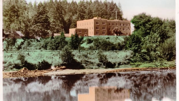 A postcard shows the now-closed Indian Residential School in Port Alberni, Vancouver Island, British Columbia, circa 1940s. The Tseshaht First Nation began taking steps in early 2022 to search the site for unmarked graves of Indigenous children who attended the school and didn't return home. (Photo via Creative Commons/public domain)