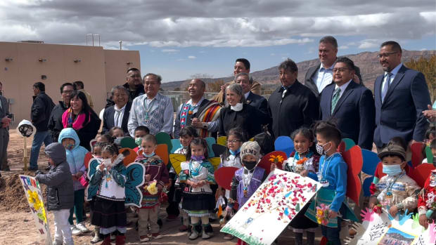 New Mexico Gov. Michelle Lujan Grisham at the Pueblo of Jemez groundbreaking of the Walatowa Early Childhood Learning Center. (Photo by Kalle Benallie)