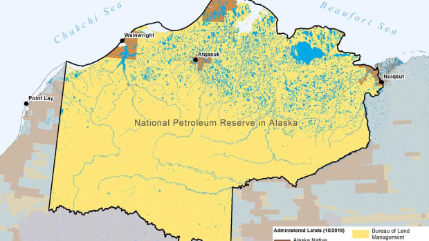NPR-A, National Petroleum Reserve (NPR-A) in Alaska map (Courtesy of the Bureau of Land Management).
