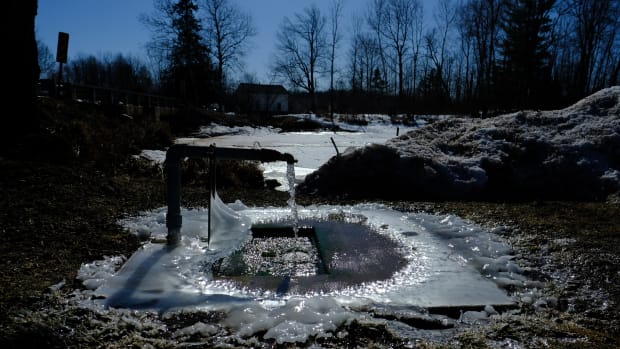 An artesian well, shown here in March 2022, provides drinking water for local residents along the Kakagon River that flows through the wild rice sloughs on the Bad River Band of Lake Superior Chippewa lands in Odanah, Wisconsin. The Bad River river is facing erosion that could cause damage to the Enbridge Line 5 pipeline opposed by water protectors. The Kakagon River is part of the Bad River watershed (Photo by Mary Annette Pember/Indian Country Today)