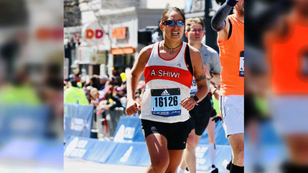 Kylie Bemis, Zuni Pueblo, running in the 2022 Boston Marathon. (Photo courtesy of Kylie Bemis)