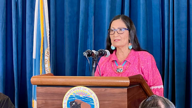 Interior Secretary Deb Haaland at the Interior Department's press conference on its federal boarding school investigation in Washington, D.C. on Wednesday, May 11, 2022. (Photo by Jourdan Bennett-Begaye, Indian Country Today)