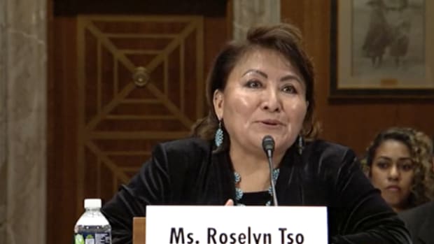 Roselyn Tso, Navajo, during a  Senate Committee on Indian Affairs confirmation hearing on the Indian Health Service director, May 25, 2022. (Screen shot photo)